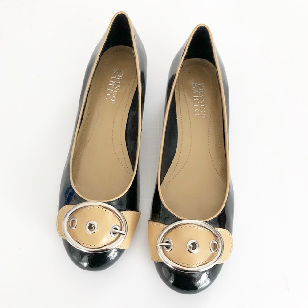 Franco Sarto Black and Tan Patent Leather Ballet Flats with Buckle